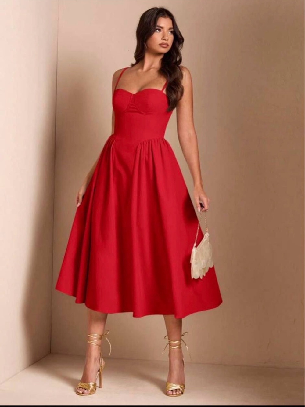 SHEIN Red Sweetheart Midi Dress with Spaghetti Straps